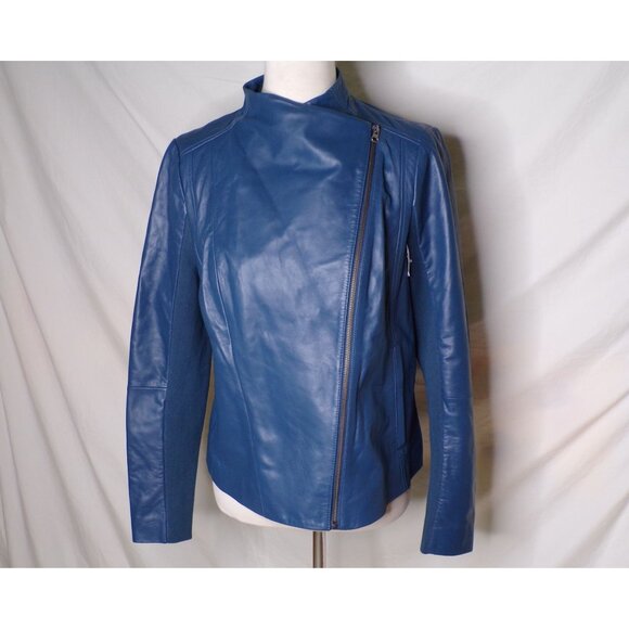 🆕 NORDSTROM Leather Moto Zip Jacket Blue Large (10-12) - Picture 6 of 10